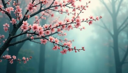 Delicate floral branches weave through a misty abstract tree background, subtle colors, soothing atmosphere, mystical foliage