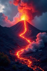 Lava flows from a volcanic eruption into the air, earth, fire