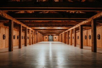 Empty wood room with beams and concrete floor for storage and commercial use
