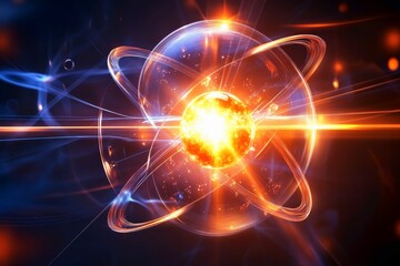 Obraz premium Electrons orbiting a nucleus in a physics model.
