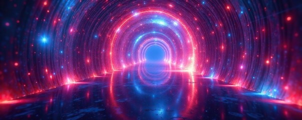 Fototapeta premium Iridescent nebula walls reflect shining laser beam, iridescent, tunnel