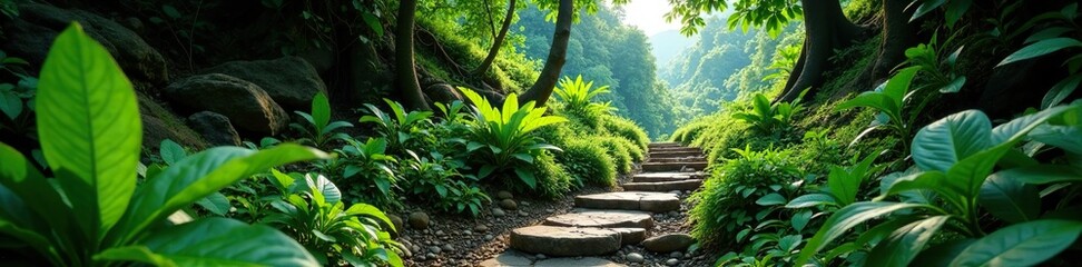 Obraz premium Jungle stone path meandering through the undergrowth, steep, rocky, meander