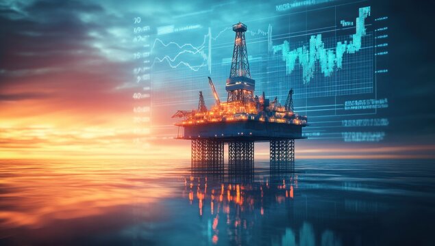 Offshore oil rig with financial data overlay showcasing energy market dynamics and global trade influences