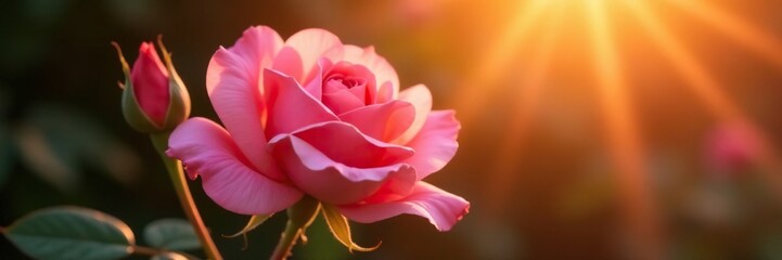 Soft petals of pink rose unfolding in warm sunlight, floral, flower