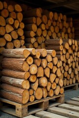 Wooden pressed briquettes stacked on a wooden pallet, dry firewood, wood pellets