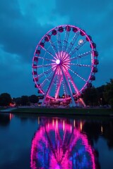 Ferris wheel against a serene blue lake backdrop at dusk, ferris wheel, lake
