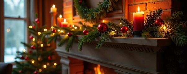 Festive holiday decorations on mantel over fireplace, pine, color
