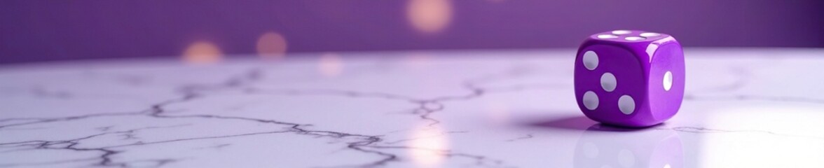 Large purple dice on a white marble table top, centerpiece, purple dice