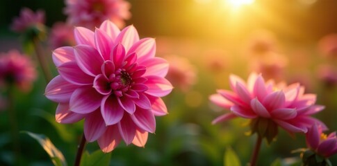 Obraz premium Soft petals of pink dahlias unfold in morning light, flower garden, garden blossoms
