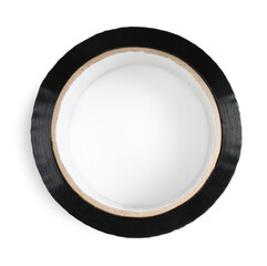 Roll of black adhesive tape isolated on white, top view