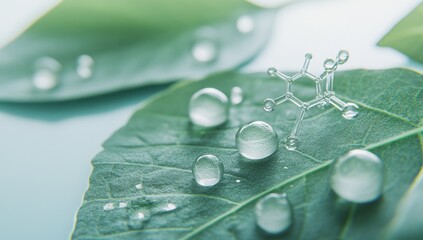 Green leaf, water drops, molecule model, nature backdrop, skincare