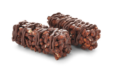 Delicious chocolate puffed rice bars isolated on white