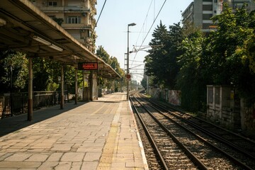 Fototapeta premium Empty train station platform in Athens, Greece, with tracks vanishing in distance