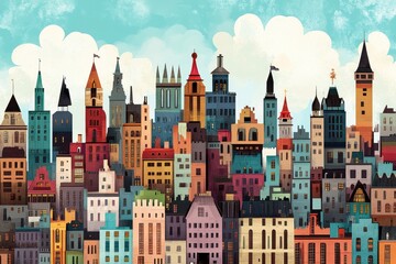 Fototapeta premium Colorful illustrated cityscape featuring various buildings against a cloudy sky