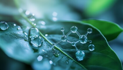 Molecular structure on leaf, dew, nature, science, background blur, green, botany, research, advertisement