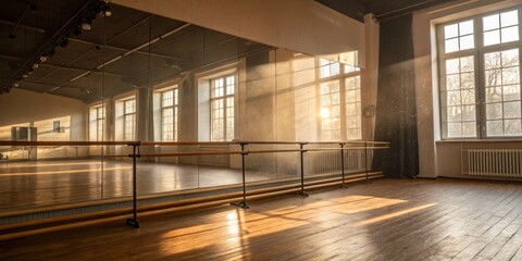 Sunlight streams through studio windows illuminating wooden dance floor in a peaceful studio space