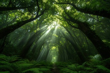 Fototapeta premium Sunlight through trees in green forest; peaceful scene for nature themed background