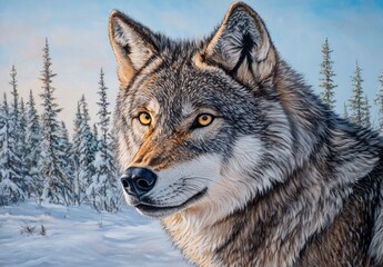 Obraz premium Majestic wolf portrait, snowy forest background, winter wildlife art, nature print