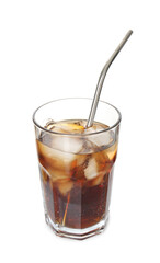 Refreshing cola with ice cubes and drinking straw in glass isolated on white