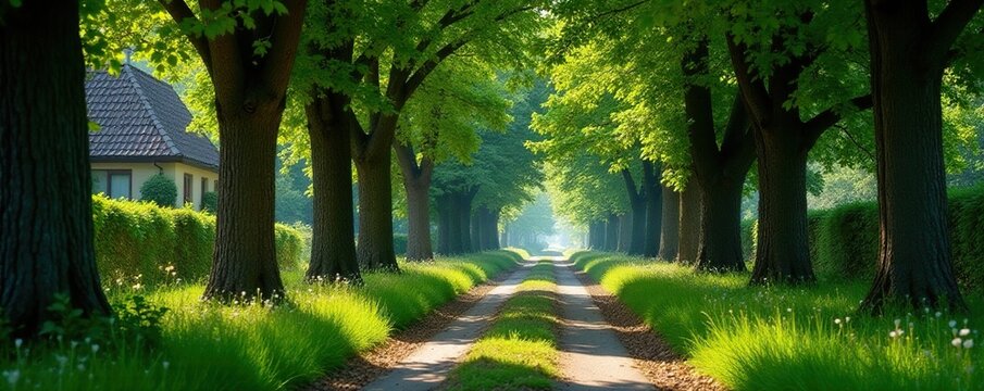 In einer dichten Nebelfilz, eine alte Stra?e mit vielen alten B?umen, Himmel, verrostet, gr?n