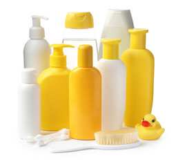 Baby cosmetic products and bath accessories isolated on white