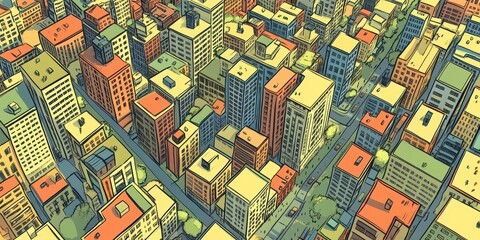 Stylized aerial perspective shows a dense colorful urban city