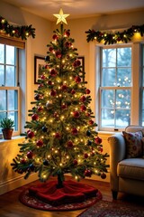 Farmhouse Christmas tree with a warm and inviting glow, lights, garlands, farmhouse