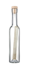 Corked glass bottle with rolled letter isolated on white