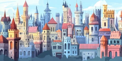 Obraz premium Colorful cartoon depiction of many castles under a blue sky