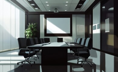 Modern conference room, sunlit, meeting, city view, business presentation