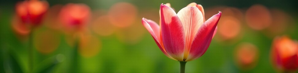 Fototapeta premium Soft petals of shaggy tulip bloom on green surface, garden, delicate