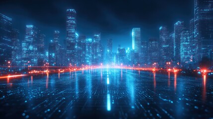 Obraz premium Futuristic city highway at night, digital data flow