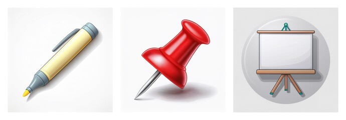 Office items shown include a yellow marker, red pushpin, and a whiteboard on a stand, commonly used in offices or schools for presentations and notes.