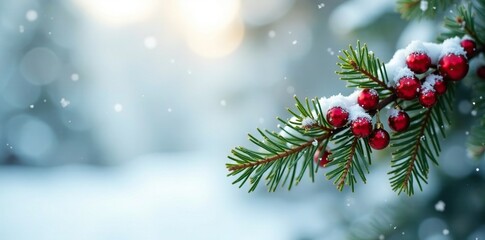 Red beads on a fir branch against a white winter wonderland backdrop, winter, peaceful, snow