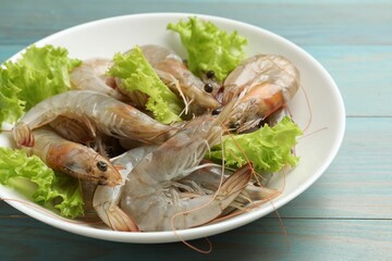 Fresh raw shrimps and lettuce on light blue wooden table, closeup