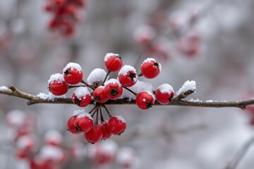 A branch adorned with bright red berries dusted with snow