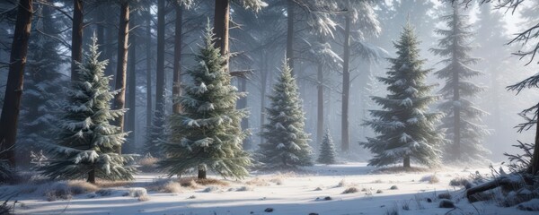 Obraz premium Frosty forest scene with snowflakes and Christmas trees, winter wonderland, forest, frost