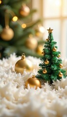 Obraz premium Fluffy surface with a small Christmas tree and golden ornaments, soft, festive, golden