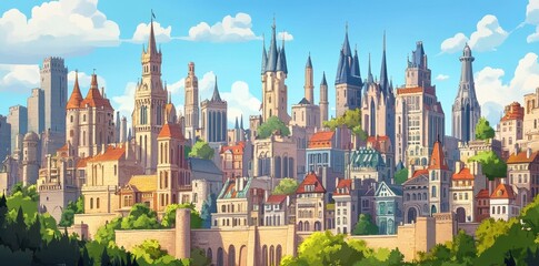 Fototapeta premium Elaborate cityscape featuring buildings with spires and towers rises majestically