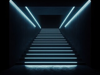 Neon-lit stairs descending into darkness; futuristic background