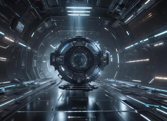 Futuristic space station with holographic display floating in mid-air ,  sci-fi,  lights,  neon