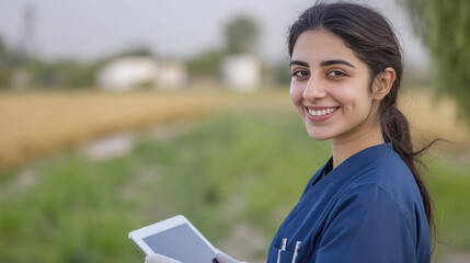 Fototapeta premium Pakistani Agricultural scientist woman holding tablet working in rice field