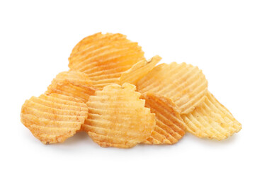 Pile of tasty ridged potato chips isolated on white