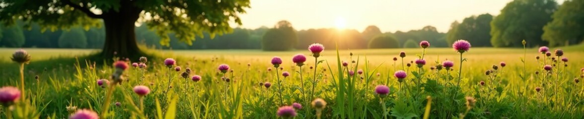 Obraz premium Field of Silybum marianum with milk thistle plants growing in the shadow of a tree, countryside, fields, wildflowers