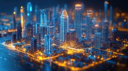 Smart city digital model, glowing at night, circuit board background, futuristic tech concept