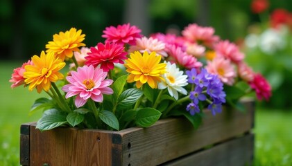 Wooden flower box with blooming flowers in a garden, garden decor, nature, floral arrangements