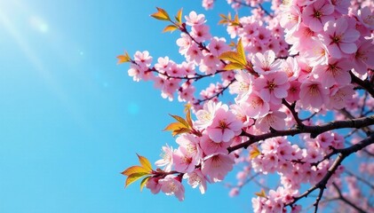Obraz premium L Linden tree with blooming branches against a blue sky, spring sky, linden tree in bloom
