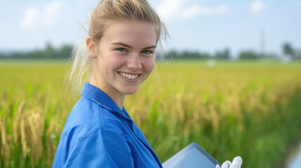 French Agricultural scientist woman holding tablet working in rice field