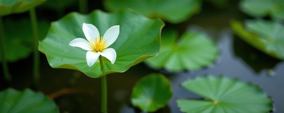 Large water caltrop Trapa sp aquatic plant with five-petaled white flowers on a green stem, botany, trapa sp, waterbody