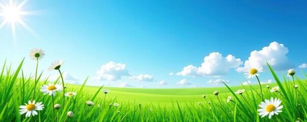 Fototapeta premium Blue sky with daisies in the distance on a green field, greenfield, blue